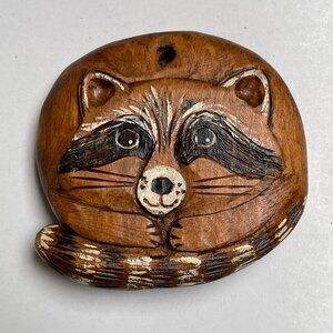 Hand Carved Folk Art Racoon Wood Paper Weight Home Decor Vintage Signed 1984
